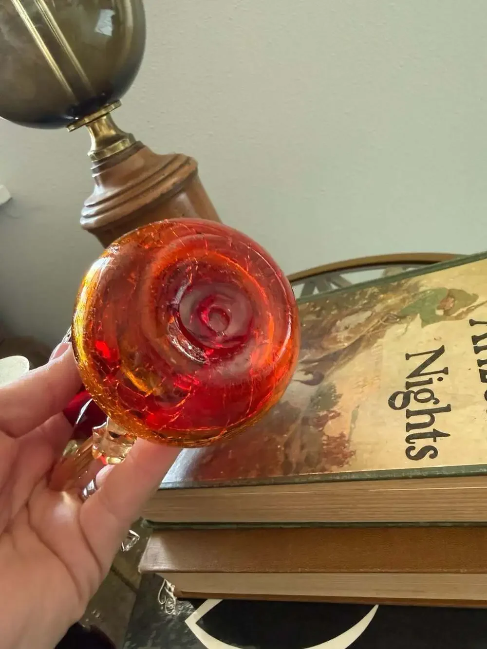 Vintage Hand Blown Amberina Crackle Glass Pitcher Red Yellow Handle Art Glass